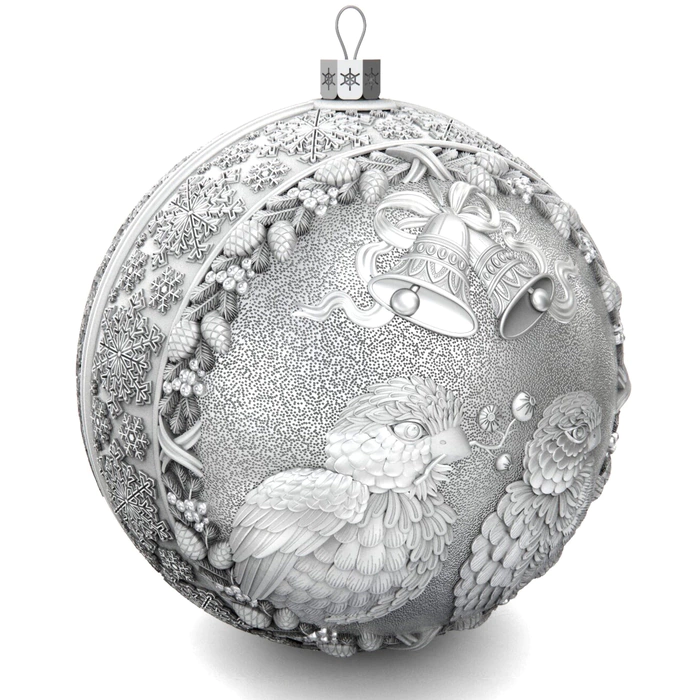 Set of 3 silver Christmas balls "Bullfinches, Bells and a Winter fairy tale"
